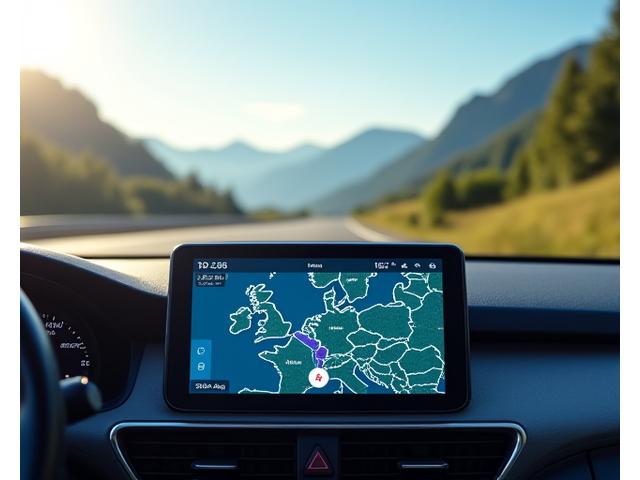 Illustration of integrated digital maps and a GPS device interface overlaid on a scenic European road, representing technology and travel expertise.