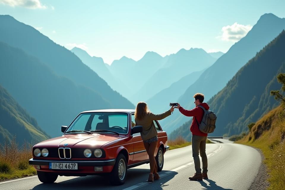 On-road influencer showcasing a product in the Swiss Alps.