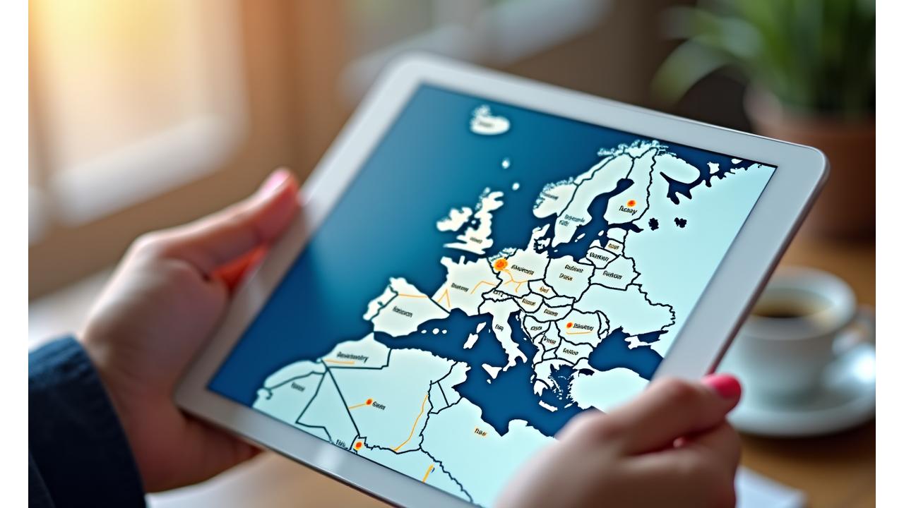 A person's hand interacting with a tablet displaying a detailed interactive map of Europe with GPS route overlays, symbolizing digital travel planning support.
