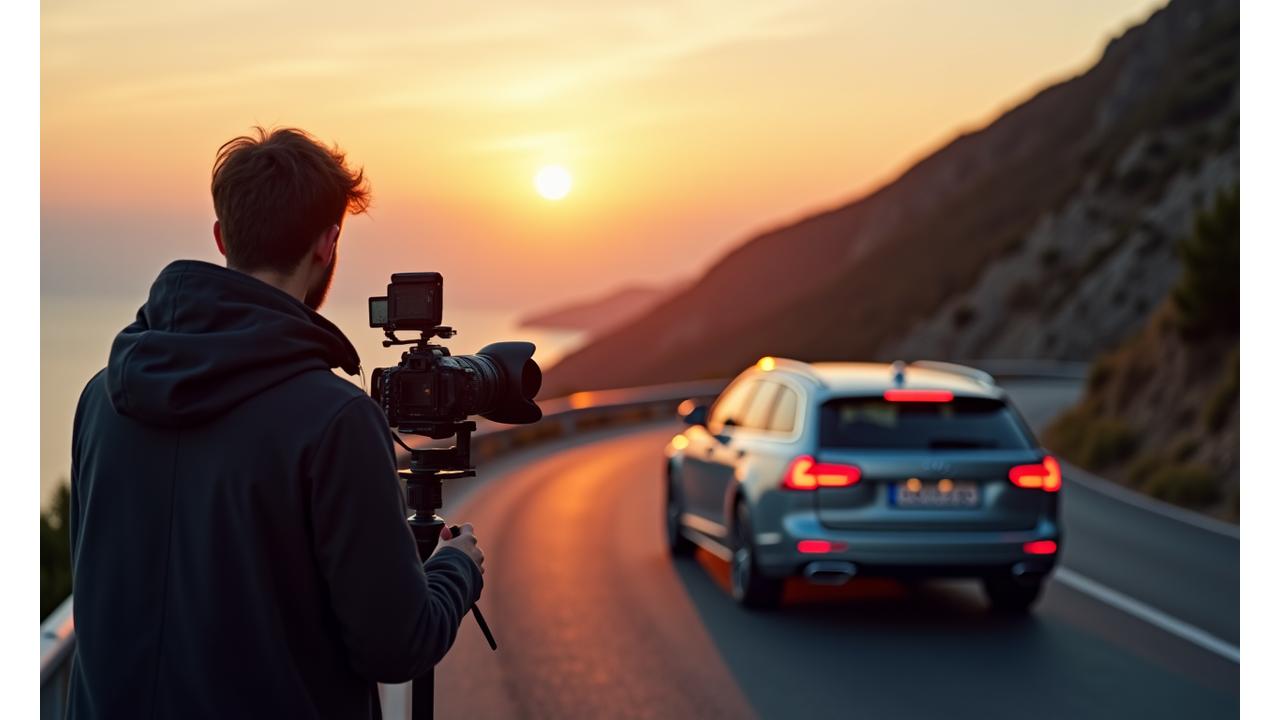 Professional photographer using a DSLR camera and gimbal to record a stylish car on a winding European road at sunset, symbolizing travel media production.