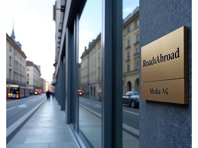 RoadsAbroad Media AG office building facade on Seefeld Street in Zurich, Switzerland, with tram lines visible.