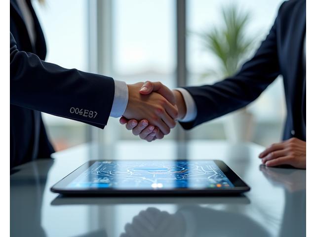 Two diverse business professionals shaking hands over a sleek table with a tablet displaying a route map, symbolizing a successful partnership agreement.