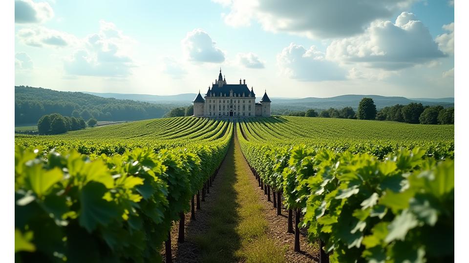 Rows of grapevines leading to a grand château in the Champagne region, under a bright sky.