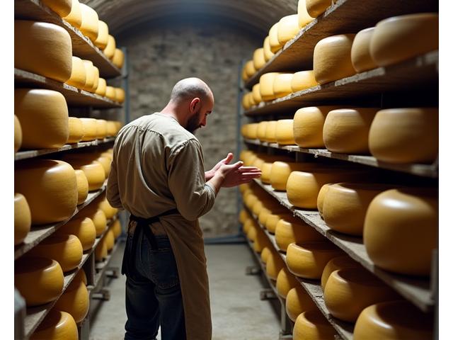 A traditional artisan cheese maker inspecting wheels of aging cheese in a rustic cellar.