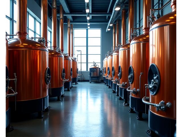 Shiny copper brewing vats in a modern craft brewery, with natural light.