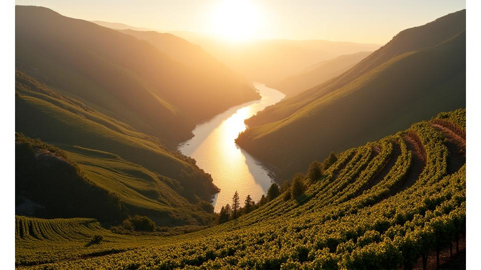 Terraced vineyards cascading down to the Douro River in Portugal, seen from a high vantage point at sunset.
