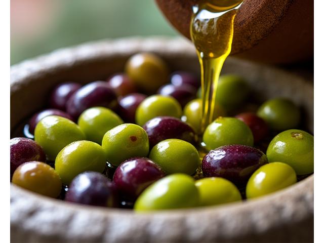 Freshly harvested olives being pressed into golden olive oil in a traditional European mill.