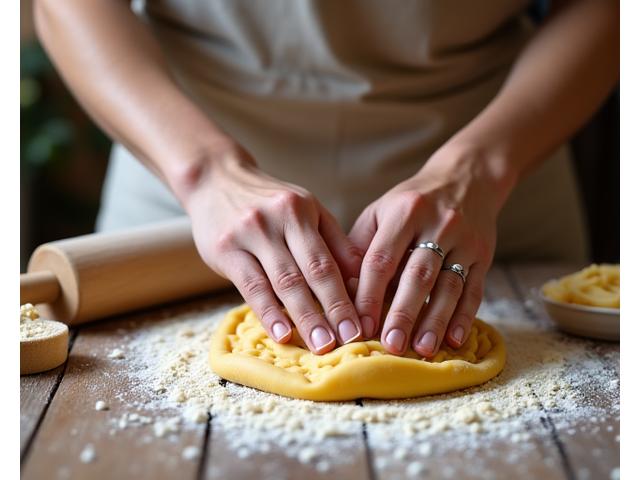 Hands making fresh pasta dough on a floured wooden surface in a bright, rustic kitchen.