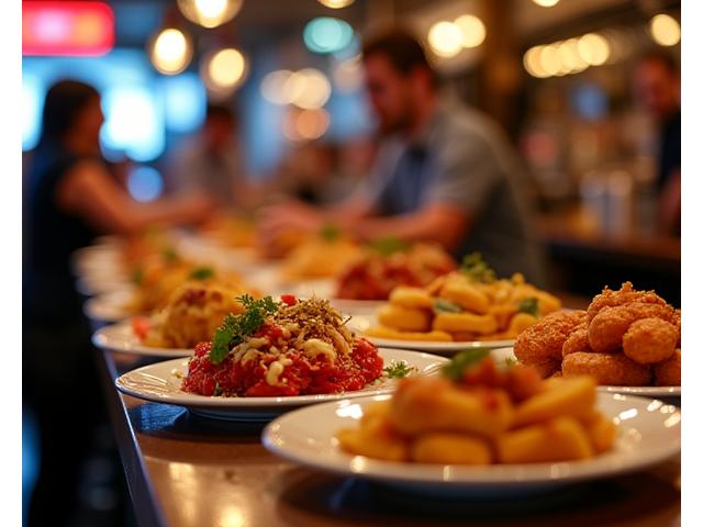 Selection of colorful Spanish tapas dishes on a counter in a lively tapas bar, with blurred people in the background.