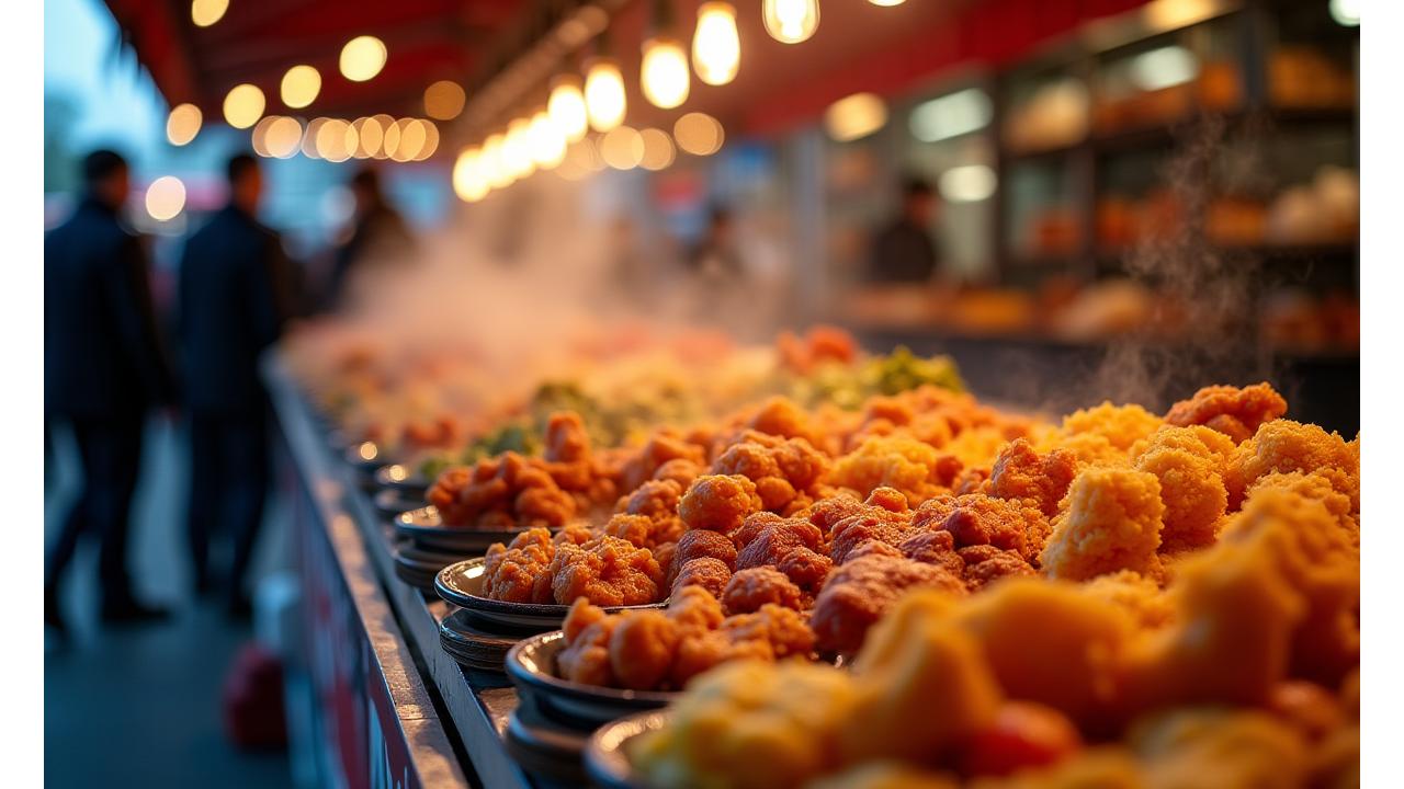 A close-up of a colorful and inviting street food stall in a bustling European market, with various prepared dishes.
