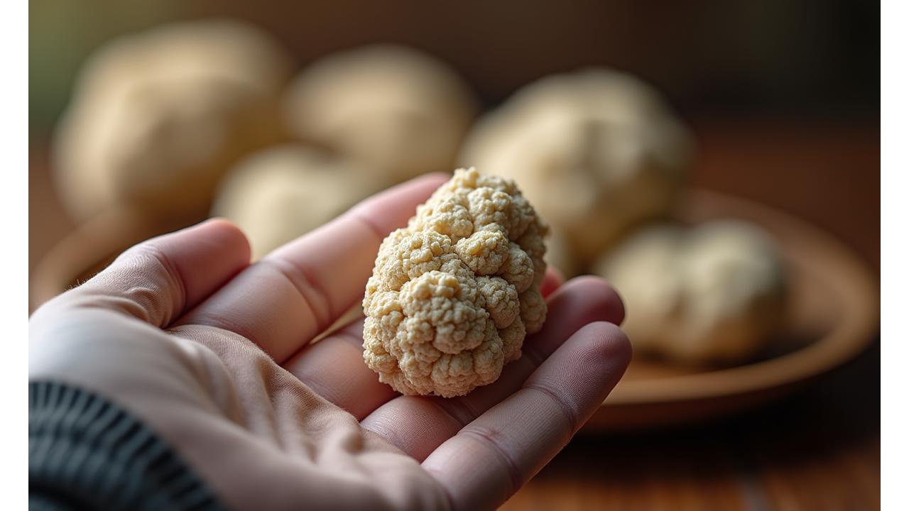 A close-up of a hand gently holding a prized white truffle, with a rustic background.