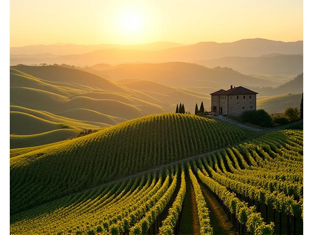Rolling hills of Tuscany with vineyards and a small villa, bathed in golden hour light.
