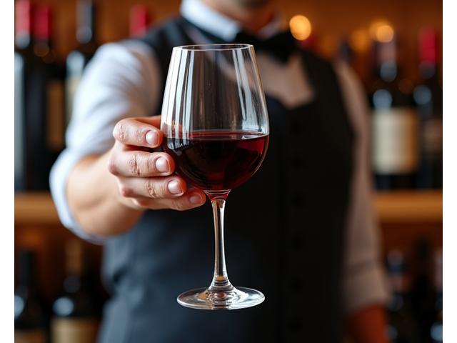 A sommelier holding a glass of red wine, swirling it with focus, in a professional wine cellar.