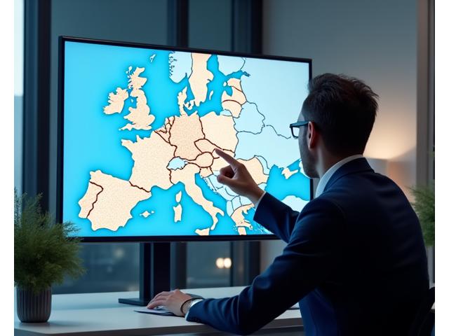 A professional consultant reviewing a complex European road map with overlaid data points, assisting a traveler.