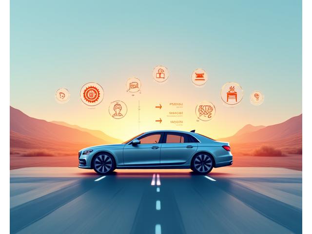 A car crossing a stylized European border, with document icons and smooth lines representing seamless transitions.