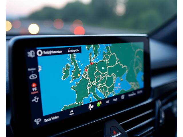 A digital map showing real-time traffic flow with green, yellow, and red lines, representing live road conditions across Europe.