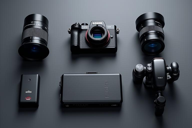 A collection of professional photography and videography equipment including high-end camera bodies, lenses, drones, and stabilizers laid out.