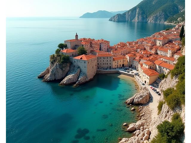 Drone shot overlooking a historic European town by the sea, specifically for a tourism board, illustrating a custom destination shoot.
