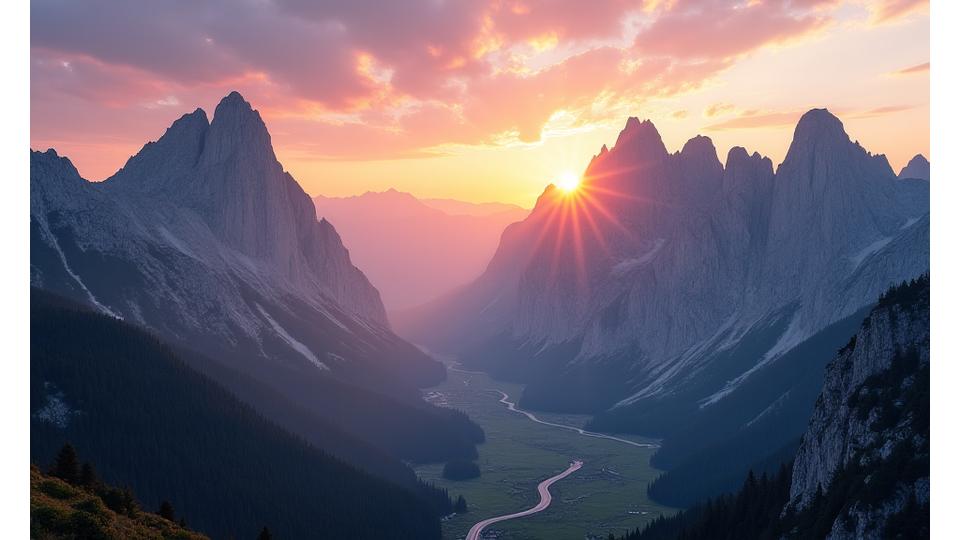 Stunning high-resolution photograph of the Dolomites mountains, Italy, at sunrise, showing vibrant colors and dramatic peaks.