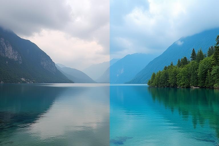 A split image illustrating 'before' (raw photo) and 'after' (color-graded final photo) showing the dramatic impact of professional post-production.