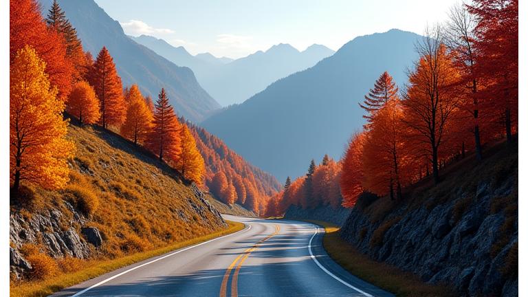 Rich autumn foliage along a European mountain pass, warm orange and red leaves.