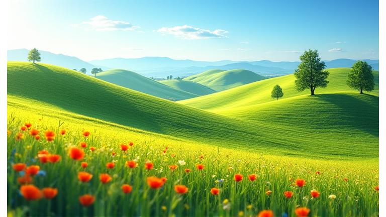Vibrant spring scene in a European countryside, blooming flowers, green hills, and a winding road.