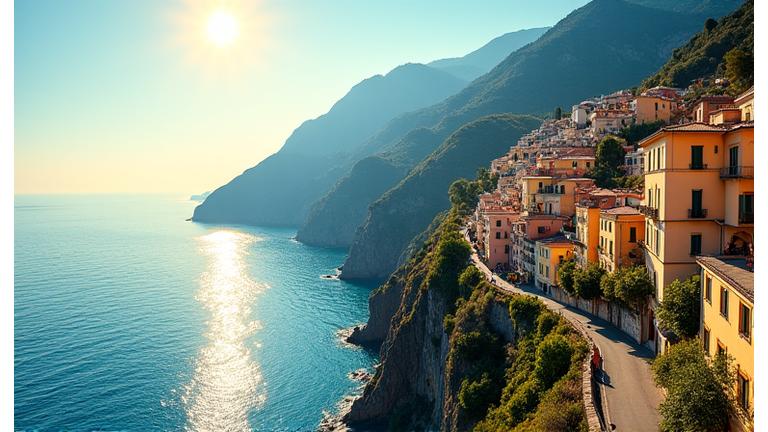 Sun-drenched Mediterranean coast in summer, clear turquoise waters, and coastal roads.