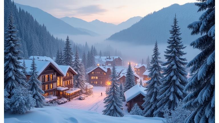 Snow-covered European village nestled in mountains during winter, cozy and magical atmosphere.
