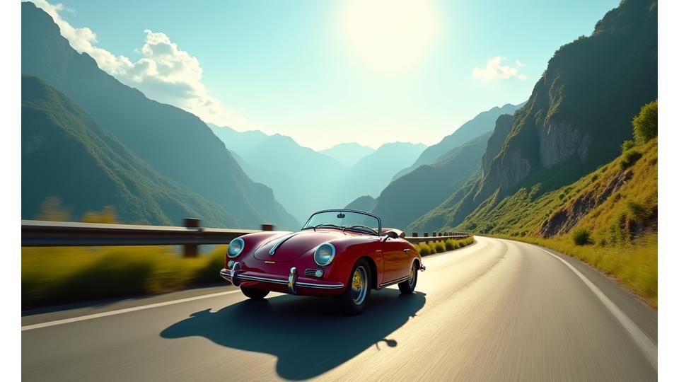 Still frame from a 4K travel video showing a scenic winding road through the Swiss Alps with a classic car driving, blue skies.