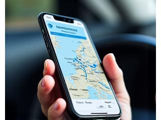 A hand holding a smartphone displaying a travel navigation app with a loaded route.