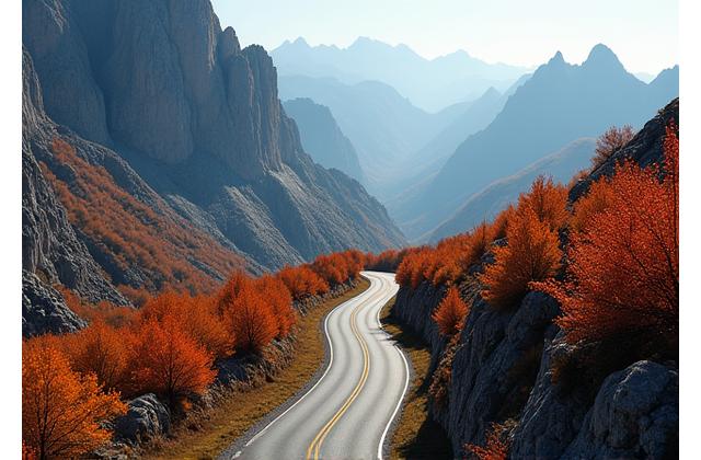 Sun-drenched winding road through the awe-inspiring peaks of the Dolomites, Italy, in autumn with vibrant foliage.