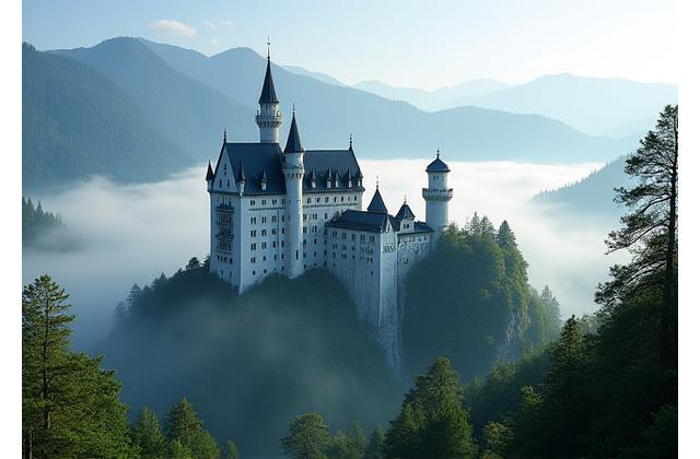 Neuschwanstein Castle, Germany, shrouded in morning mist, viewed from a high vista with vibrant green forests.