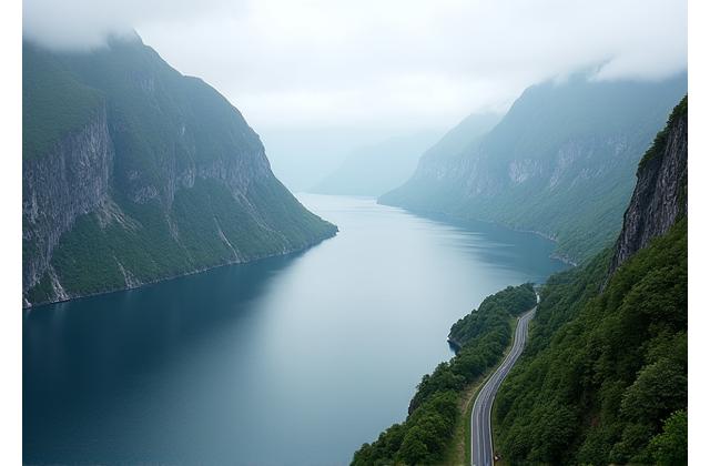 Majestic Norwegian fjord reflective water, framed by towering green mountains, with a winding road alongside.