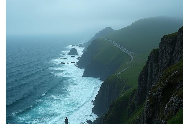 Dramatic view of the Wild Atlantic Way in Ireland, with waves crashing against rugged cliffs and a solitary car on the coastal road.