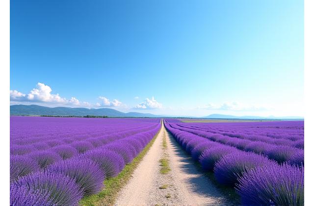 Expansive lavender fields in Provence, France, under a vibrant blue sky, with a narrow road disappearing into the distance.
