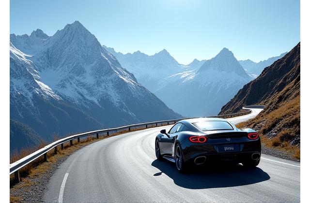 Hairpin bends of a high alpine pass in Switzerland, with a sports car navigating the road and snow-capped peaks in the background.