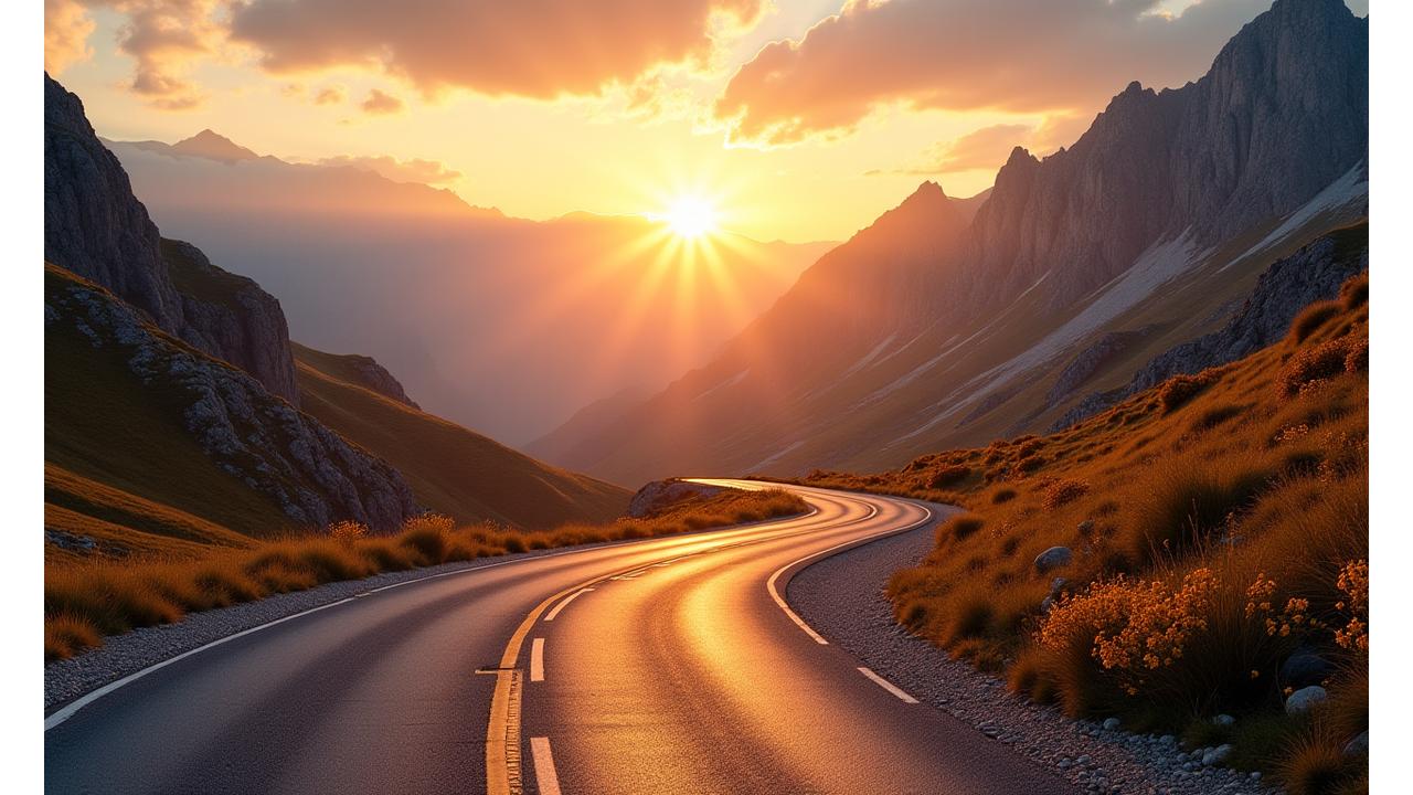 Expansive view of a winding road through the Dolomite mountains in Italy at sunrise, with a light blue road trip map overlay.