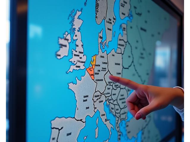 An interactive digital map displaying various colored overlays indicating different European road regulations, tolls, and parking zones, with a cursor hovering over a central European country.