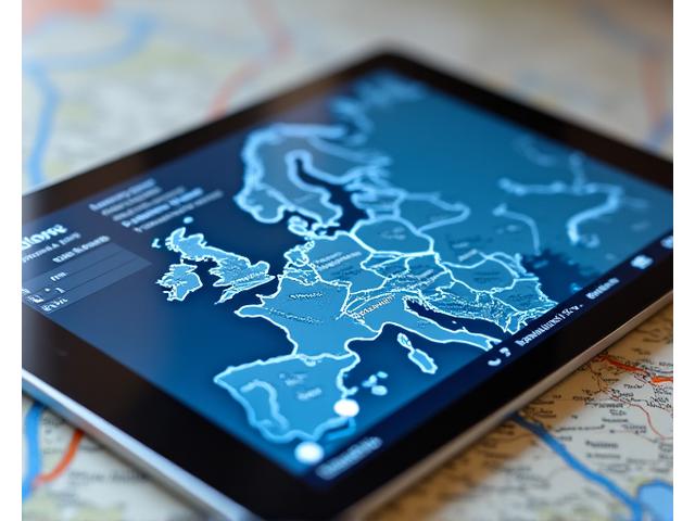 Screenshot of RoadsAbroad's interactive route planner interface on a tablet, showing a detailed European road trip map with overlaid data points, tolls and parking availability.