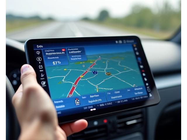Close-up of a tablet screen displaying real-time traffic, toll information, and parking availability for a European city, with a hand holding it.