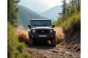 A 4x4 vehicle navigating a challenging off-road trail in the European mountains, showing an adventurous spirit.