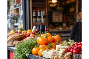 A rustic European market stall overflowing with fresh local produce, cheeses, and wines, representing a culinary journey.
