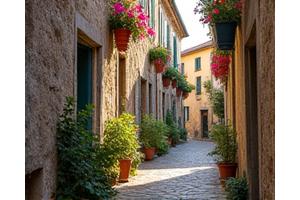 A narrow, cobblestone alleyway in a charming, undiscovered European village, inviting exploration and discovery.