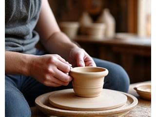 Local artisan crafting pottery in a quaint European village studio