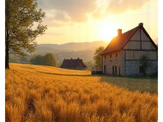 Charming rural farmhouse in European countryside with golden fields