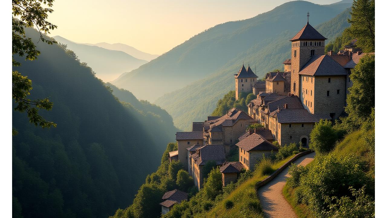 Charming historic village in a hidden European valley during sunrise