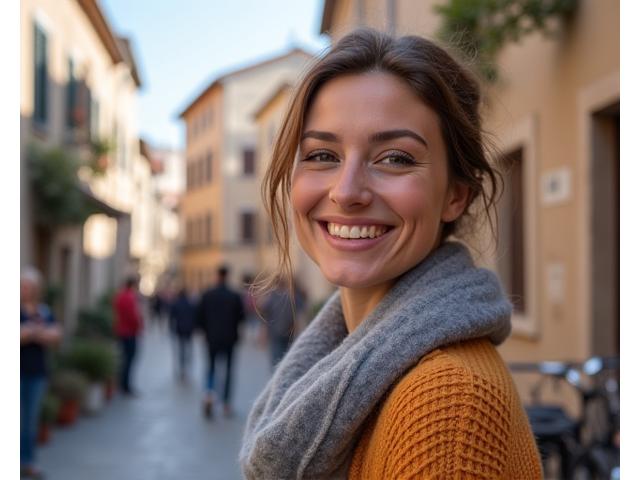 Friendly local European guide smiling in a picturesque village square
