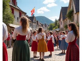 Joyful local festival with traditional costumes and music in a European rural setting