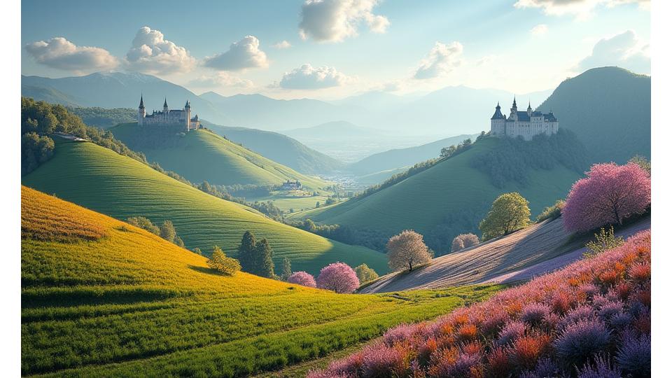 Scenic European countryside transitioning through seasons, showing spring flowers, summer sun, autumn leaves, and winter snow