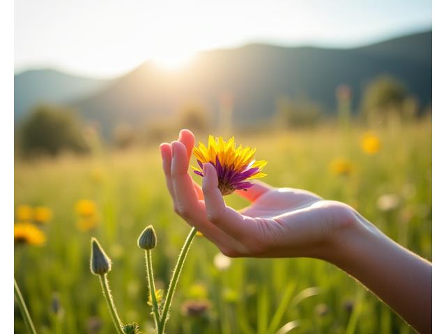 Hand gently touching a rare wildflower in a pristine European meadow, symbolizing responsible tourism